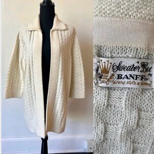 Vintage Basketweave Cream Sweater Coat 1960’s White Cardigan Sweater